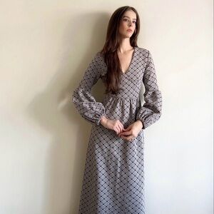 70s Balloon Sleeve Maxi Dress – Vintage Geometric Print Gown